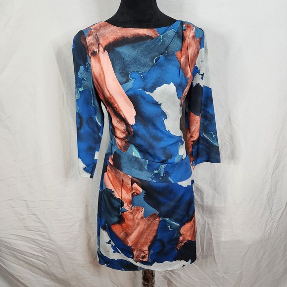 VINCE CAMUTO Size 8 Pleated 3/4 Sleeve Abstract Watercolor Print Sheath Dress - Picture 1 of 12